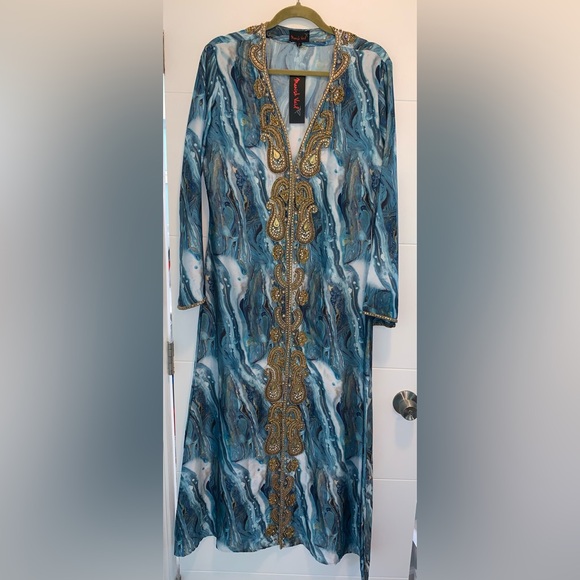 MANISH VAID- Silk Blue Pucci Island Prt. Crystal embroidered Dress Kimono-NWT M - Picture 4 of 10